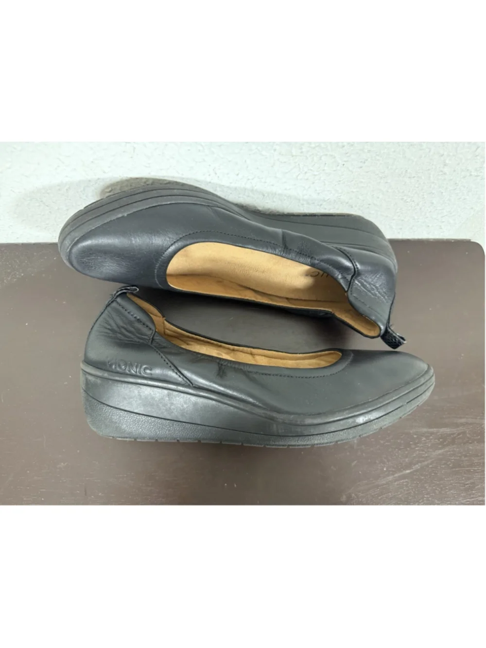 Vionic Jacey Wedge Ballet Shoes Women 8 Black Leather Comfort Slip On Work Chic